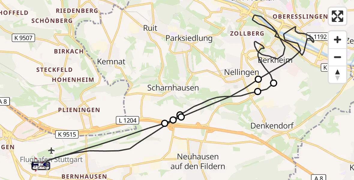 Flugroute Polizeihubschrauber Flughafen Stuttgart - Flughafen Stuttgart, 07 Oktober 2026, 00:15