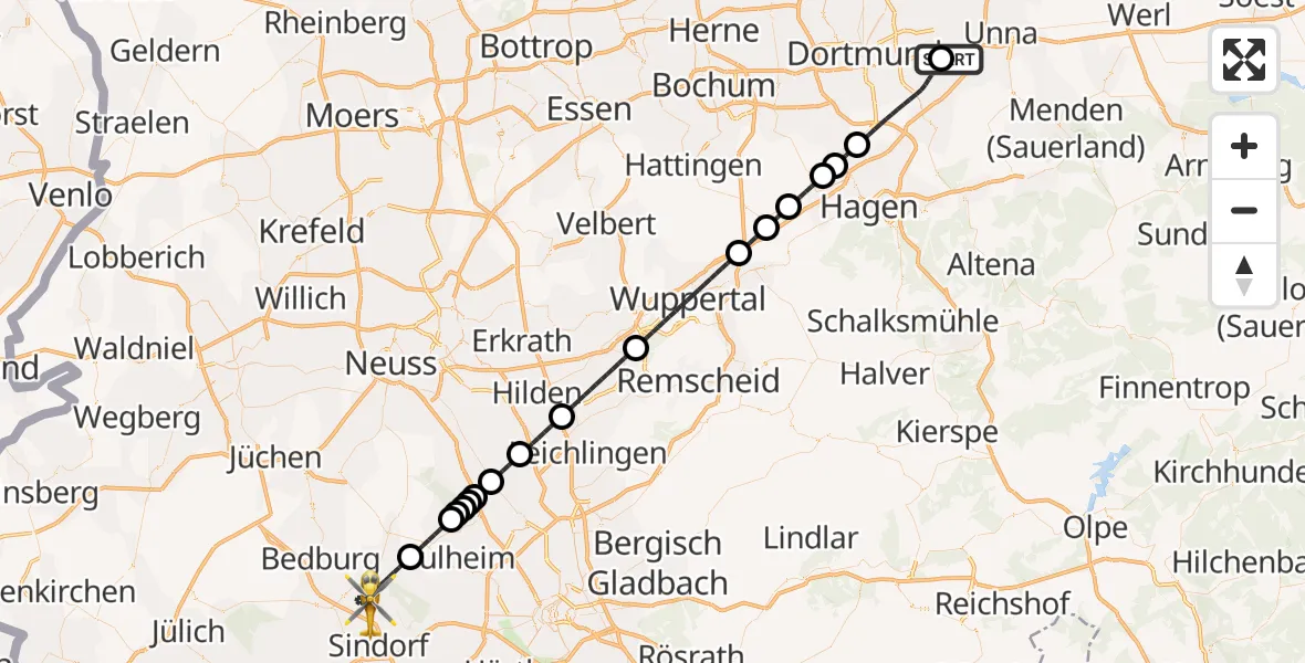 Flugroute Rettungshubschrauber Dortmund Flughafen - Bergheim, 07 Oktober 2026, 01:02