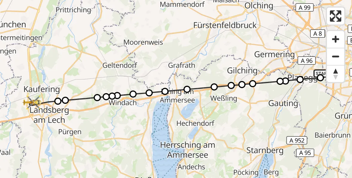 Flugroute Rettungshubschrauber DRF Air Rescue München Hubschrauberlandeplatz - Landsberg am Lech, 07 Oktober 2026, 03:55