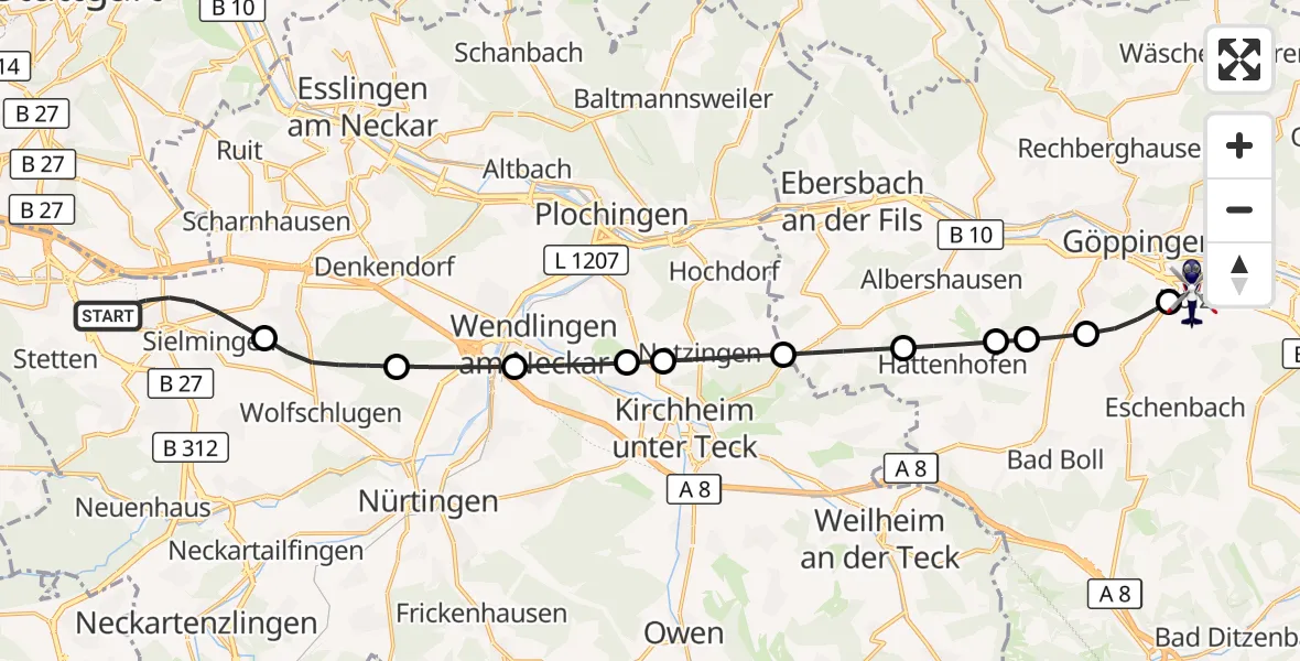 Flugroute Polizeihubschrauber Flughafen Stuttgart - Göppingen, 07 Oktober 2026, 05:04