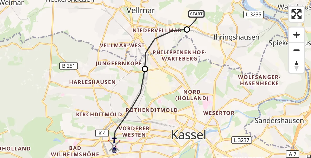 Flugroute Polizeihubschrauber Fuldatal Bundespolizei Hubschrauberlandeplatz - Kassel, 07 Oktober 2026, 05:27
