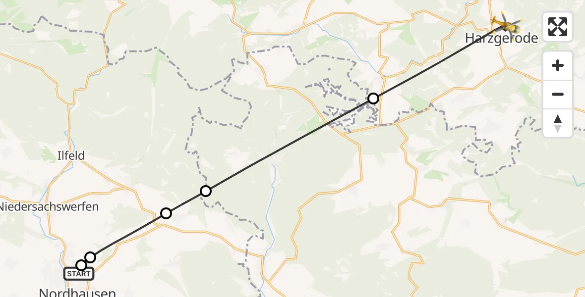Flugroute Rettungshubschrauber Südharz Hospital Nordhausen - Harzgerode, 07 Oktober 2026, 05:42