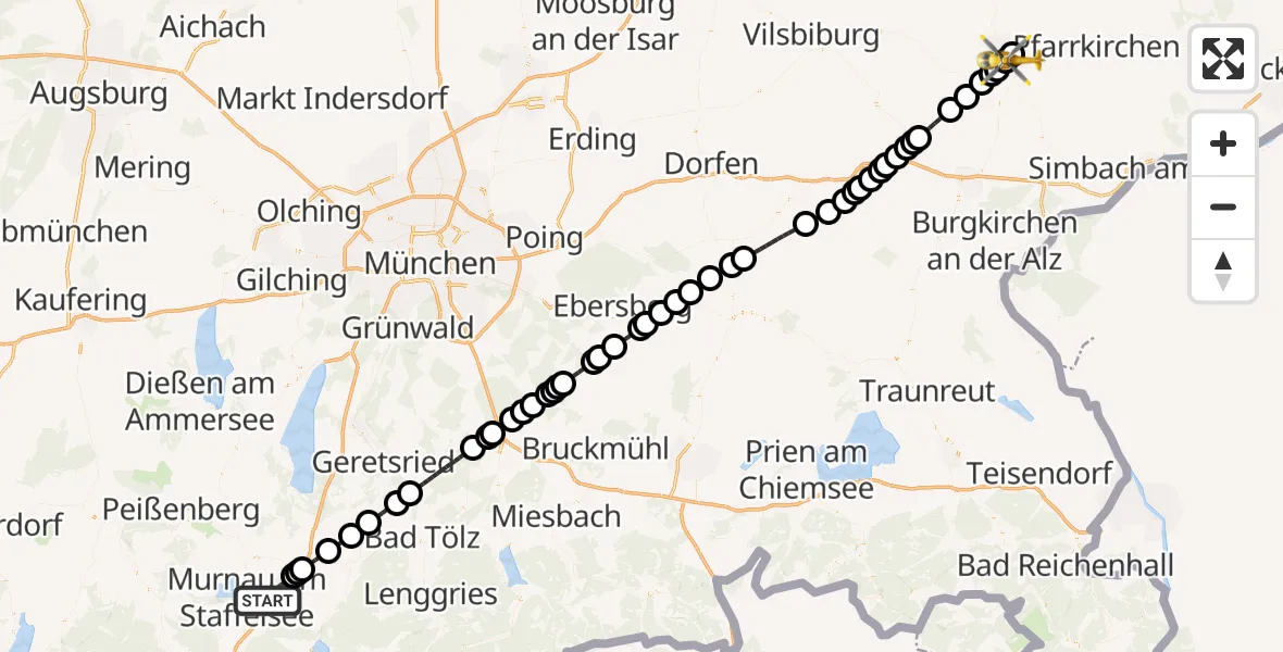 Flugroute Rettungshubschrauber Riegsee - Eggenfelden District Hospital Hubschrauberlandeplatz, 07 Oktober 2026, 05:52