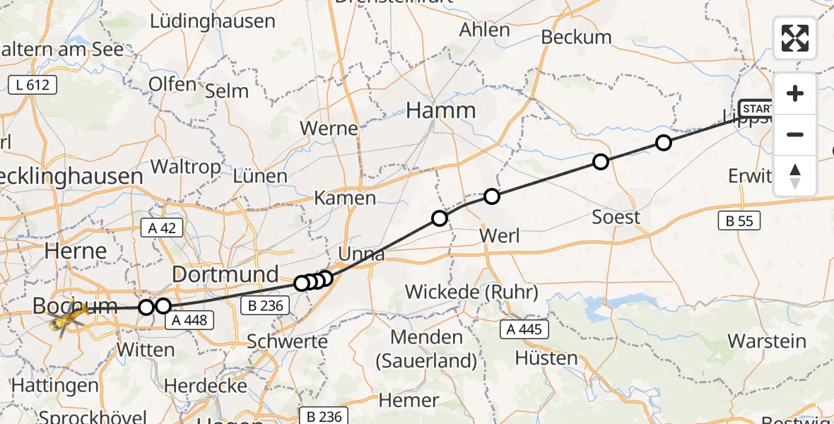 Flugroute Ambulanzhubschrauber Lippstadt - Bochum, 07 Oktober 2026, 06:07