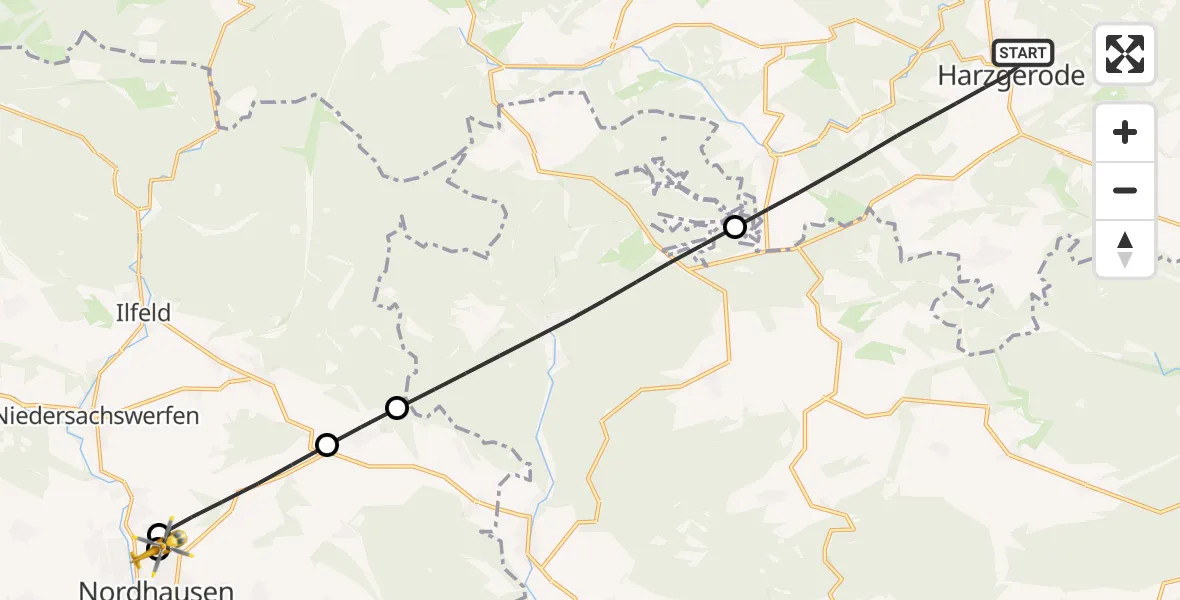Flugroute Rettungshubschrauber Harzgerode - Südharz Hospital Nordhausen, 07 Oktober 2026, 06:35