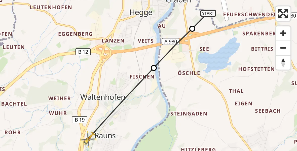 Flugroute Rettungshubschrauber Durach - Waltenhofen, 07 Oktober 2026, 06:43