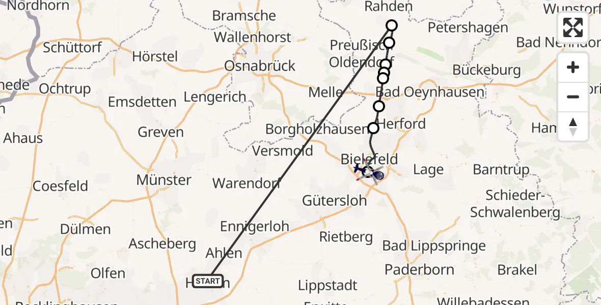 Flugroute Polizeihubschrauber Hamm-Lippewiesen Flugplatz - Luftrettungszentrum Bielefeld, 07 Oktober 2026, 06:53