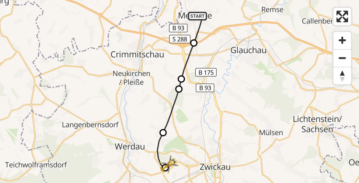 Flugroute Rettungshubschrauber Meerane - ADAC Air Rescue Station Zwickau Hubschrauberlandeplatz, 07 Oktober 2026, 07:12