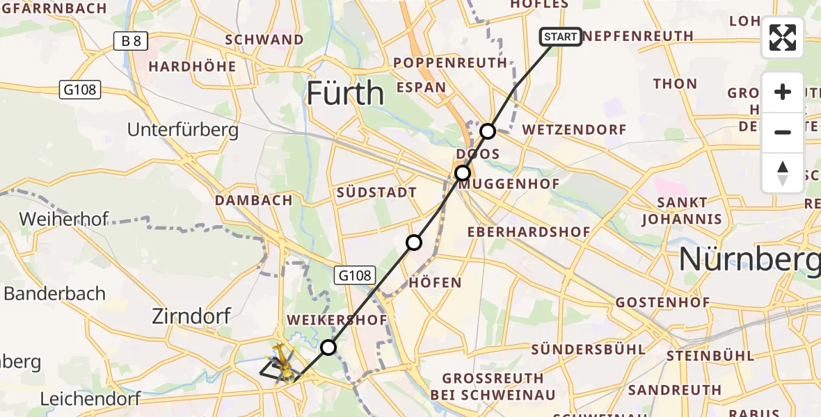 Flugroute Rettungshubschrauber Nürnberg - Oberasbach, 07 Oktober 2026, 07:14