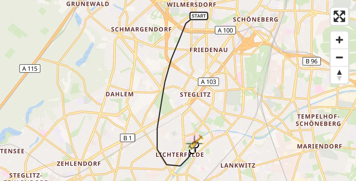 Flugroute Rettungshubschrauber Berlin - Charité Clinic Benjamin Franklin Campus, 07 Oktober 2026, 07:16