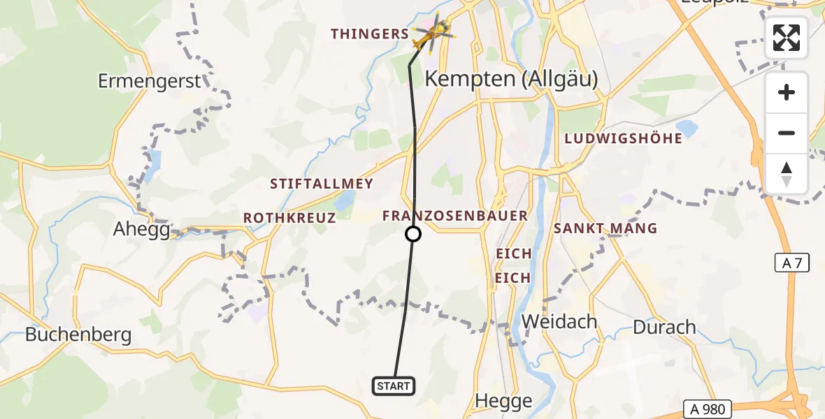 Flugroute Rettungshubschrauber Waltenhofen - Kempten (Allgäu), 07 Oktober 2026, 07:17