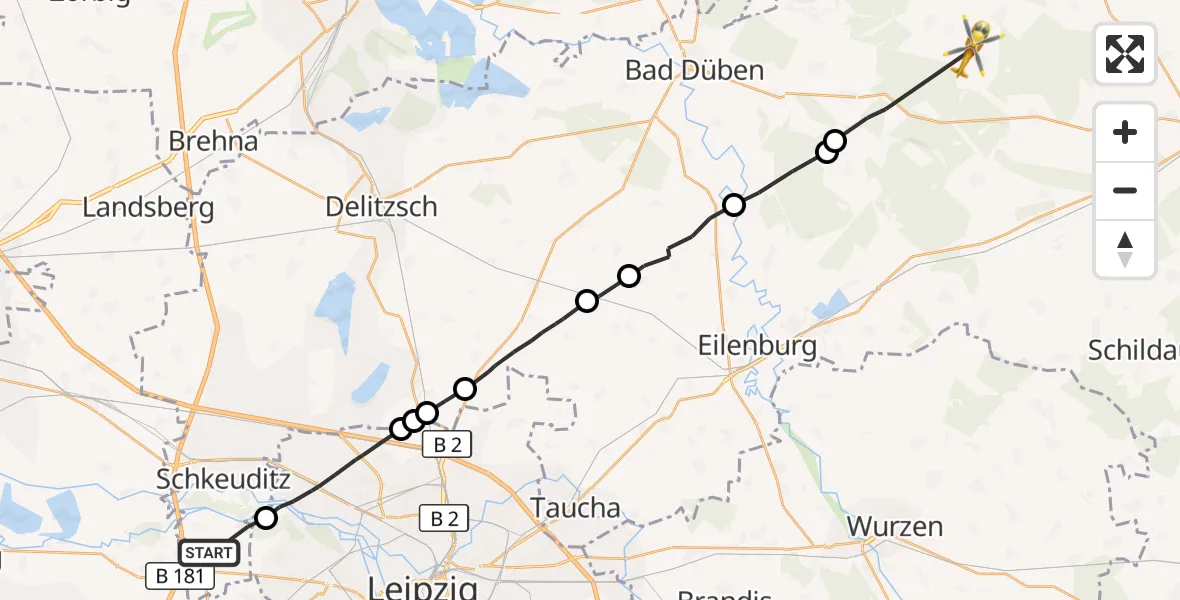 Flugroute Rettungshubschrauber Schkeuditz - Trossin, 07 Oktober 2026, 07:37