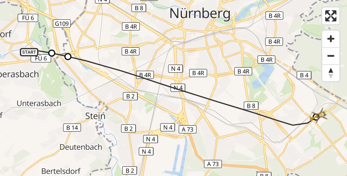 Flugroute Rettungshubschrauber Oberasbach - Nürnberg South Hospital, 07 Oktober 2026, 07:59
