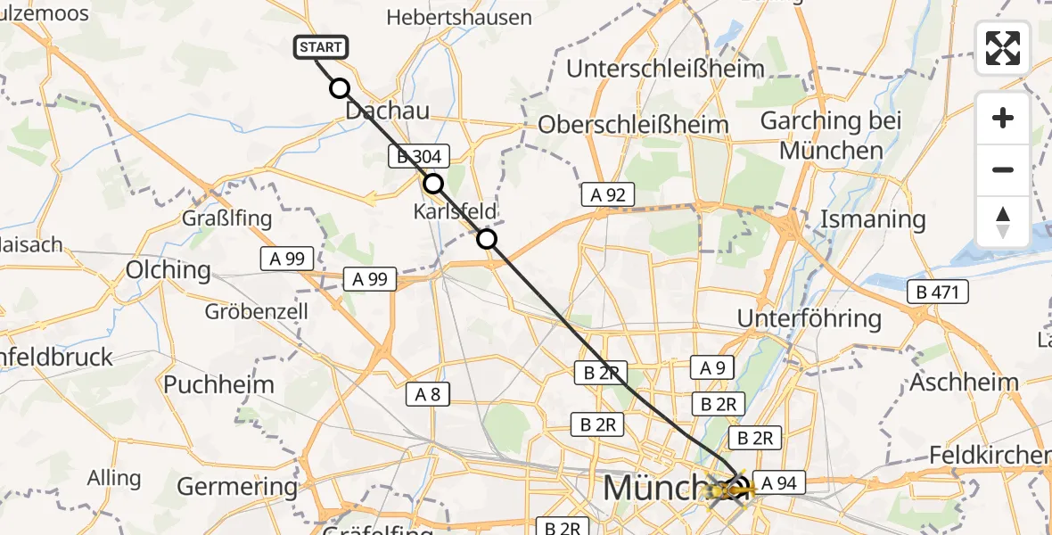 Flugroute Rettungshubschrauber Bergkirchen - Rechts der Isar University Hospital, 07 Oktober 2026, 08:10