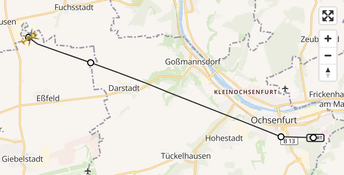 Flugroute Rettungshubschrauber Ochsenfurt Hospital - Reichenberg, 07 Oktober 2026, 08:16