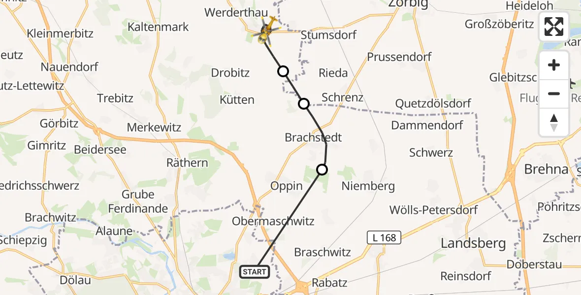 Flugroute Rettungshubschrauber Halle (Saale) - Petersberg, 07 Oktober 2026, 08:20