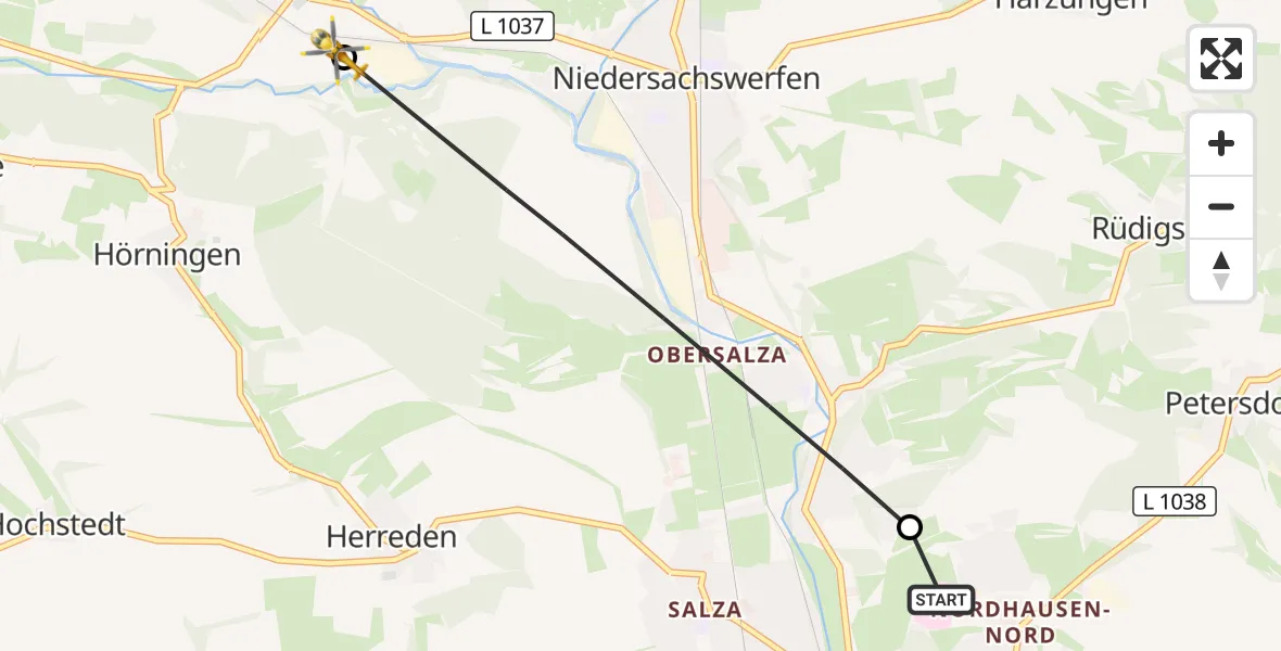 Flugroute Rettungshubschrauber Südharz Hospital Nordhausen - Ellrich, 07 Oktober 2026, 08:21