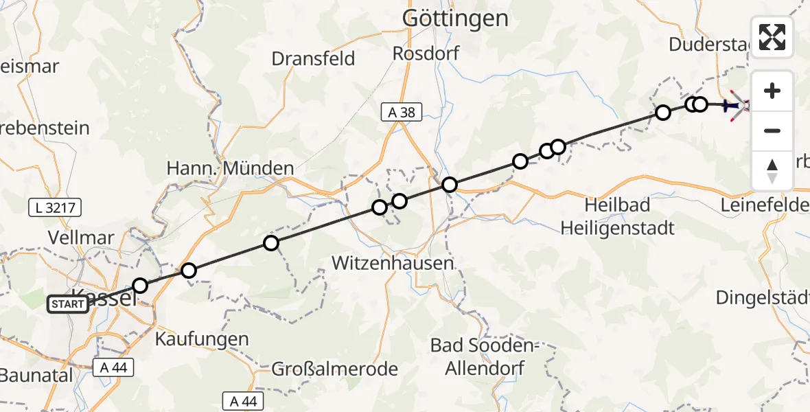 Flugroute Polizeihubschrauber Kassel - Teistungen, 07 Oktober 2026, 08:36