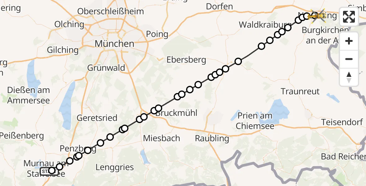 Flugroute Rettungshubschrauber Murnau Accident Hospital - Neuötting, 07 Oktober 2026, 08:40