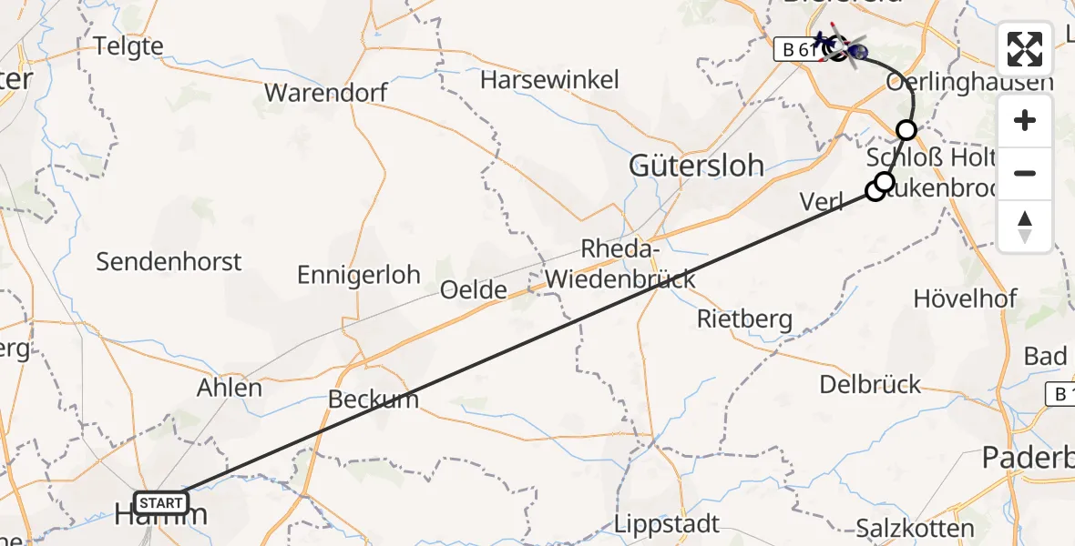 Flugroute Polizeihubschrauber Hamm-Lippewiesen Flugplatz - Luftrettungszentrum Bielefeld, 07 Oktober 2026, 08:40