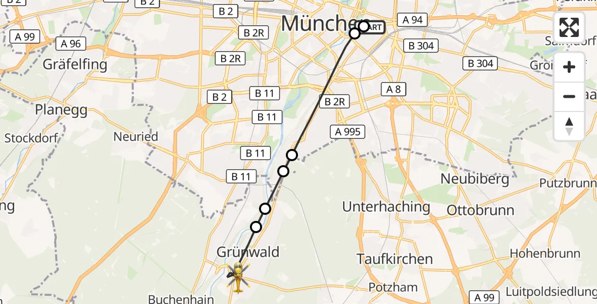 Flugroute Rettungshubschrauber Rechts der Isar University Hospital - Grünwald, 07 Oktober 2026, 08:41