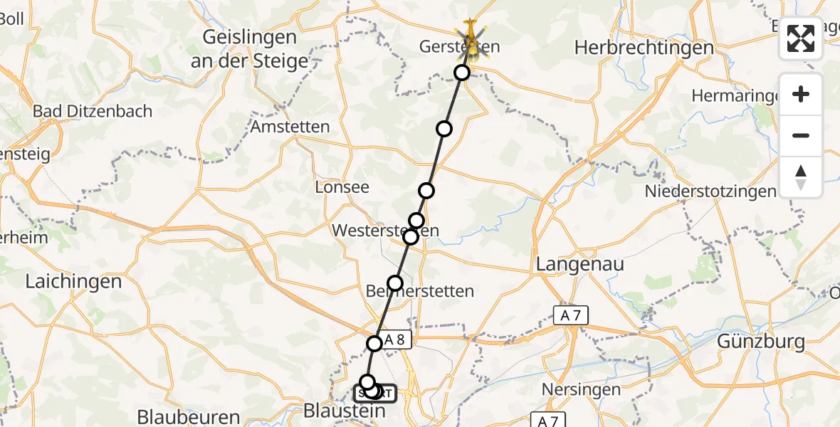 Flugroute Rettungshubschrauber Ulm Military Hospital Emergency - Gerstetten, 07 Oktober 2026, 08:42