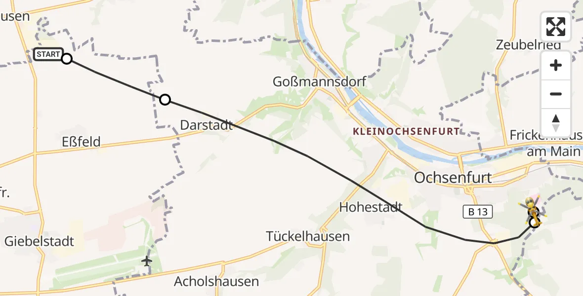 Flugroute Rettungshubschrauber Reichenberg - Ochsenfurt Hospital, 07 Oktober 2026, 08:45