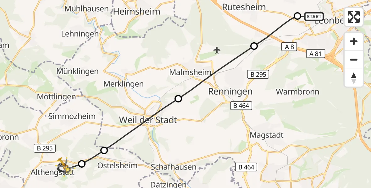 Flugroute Rettungshubschrauber Leonberg Hospital - Althengstett, 07 Oktober 2026, 08:54