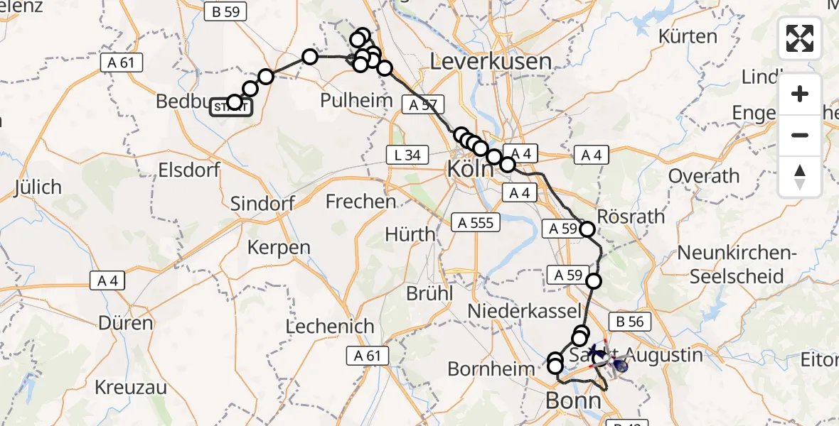 Flugroute Polizeihubschrauber Bergheim - Sankt Augustin, 07 Oktober 2026, 09:03