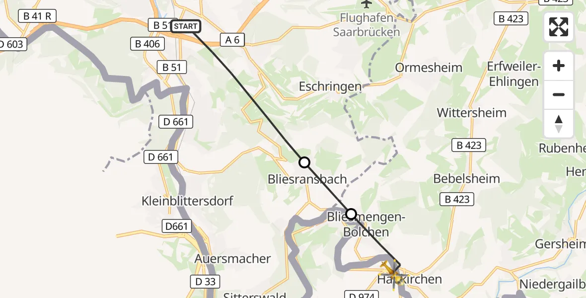 Flugroute Rettungshubschrauber Saarbrücken - Mandelbachtal, 07 Oktober 2026, 09:05