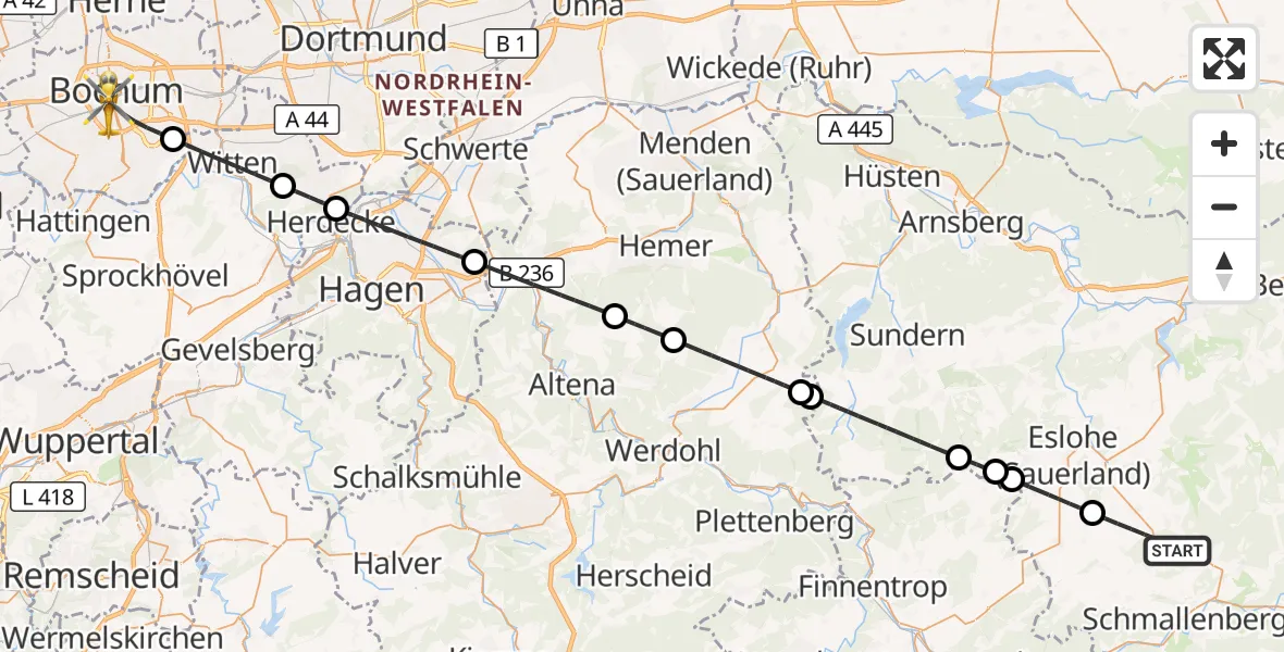 Flugroute Rettungshubschrauber Schmallenberg - Bochum, 07 Oktober 2026, 09:07