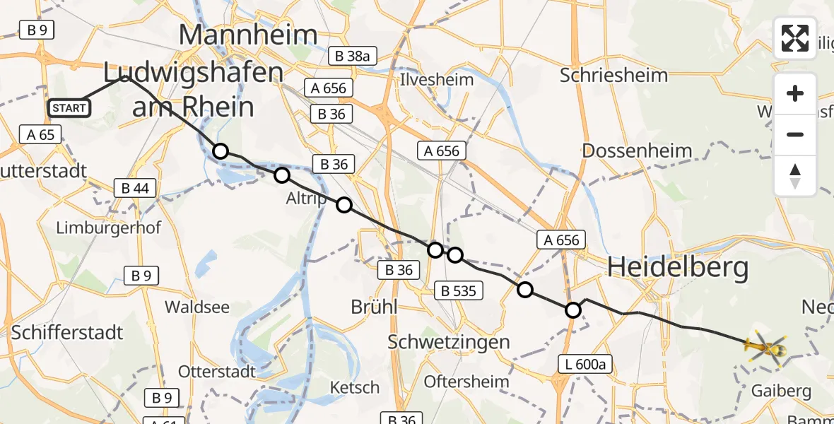 Flugroute Rettungshubschrauber Ludwigshafen am Rhein - Heidelberg, 07 Oktober 2026, 09:19