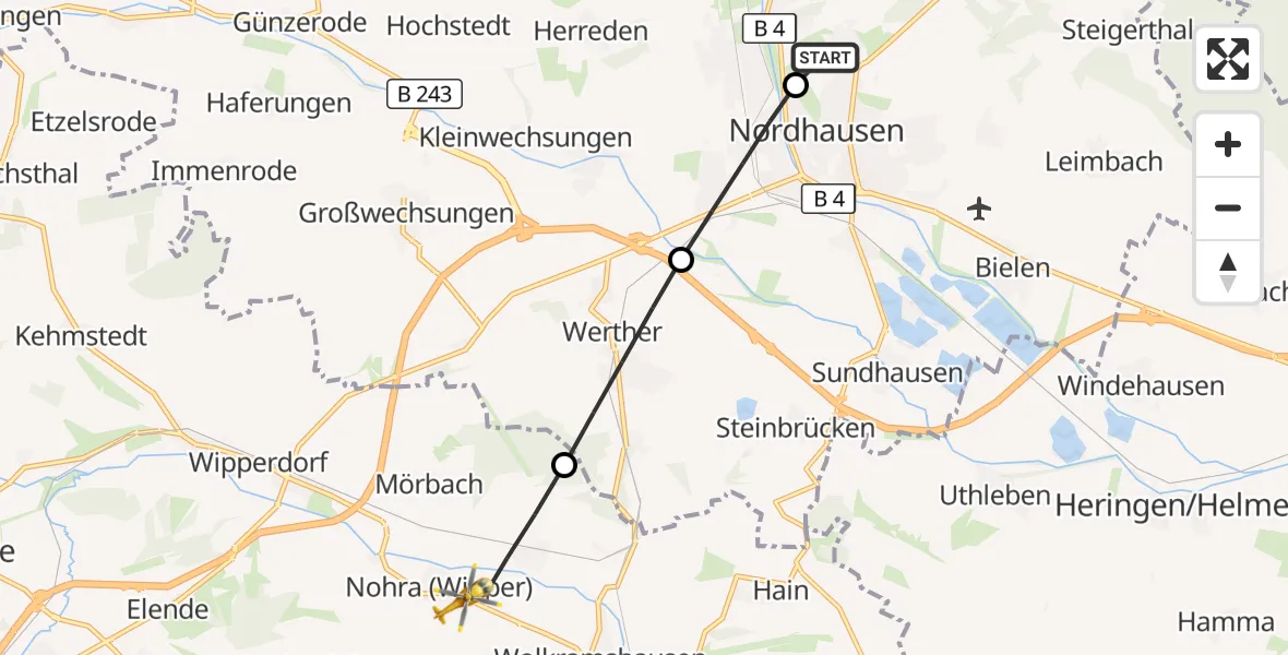 Flugroute Rettungshubschrauber Südharz Hospital Nordhausen - Bleicherode, 07 Oktober 2026, 09:21