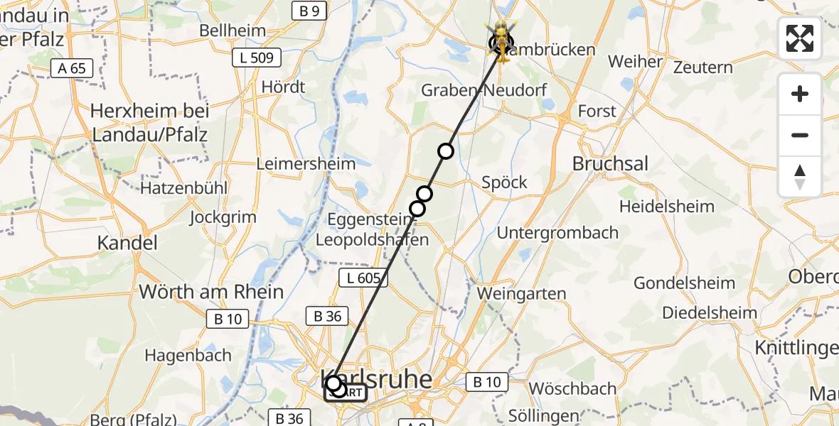 Flugroute Ambulanzhubschrauber Sankt Vincentius Hospital - Bruchsal, 07 Oktober 2026, 09:29