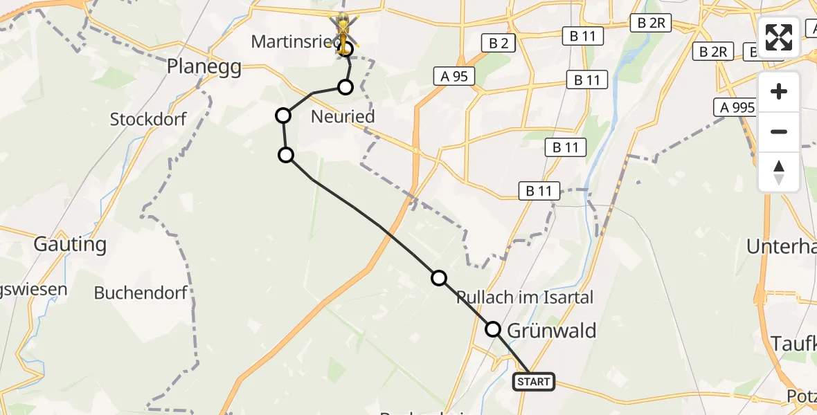 Flugroute Rettungshubschrauber Grünwald - DRF Air Rescue München Hubschrauberlandeplatz, 07 Oktober 2026, 09:34