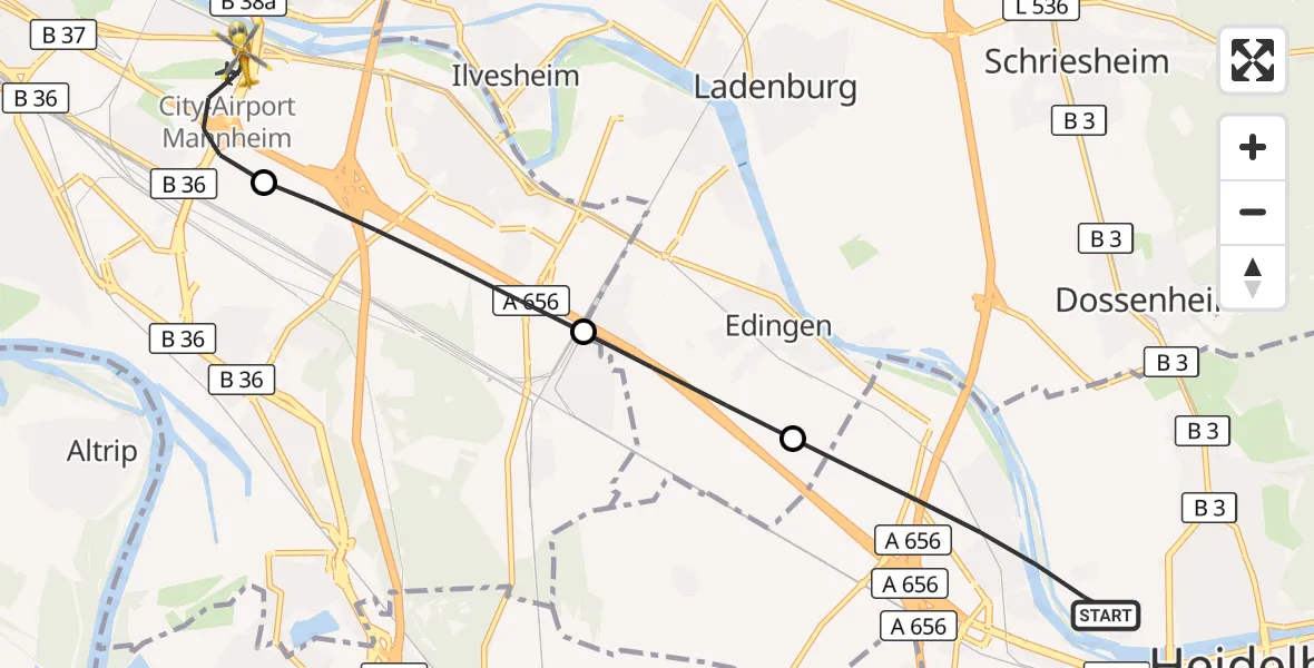 Flugroute Rettungshubschrauber Heidelberg - Mannheim-City Flughafen, 07 Oktober 2026, 09:40