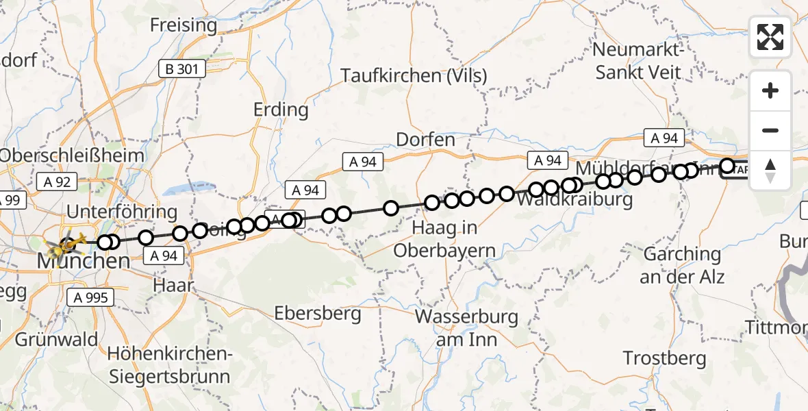 Flugroute Rettungshubschrauber Neuötting - Deutsches Herzzentrum München, 07 Oktober 2026, 09:43