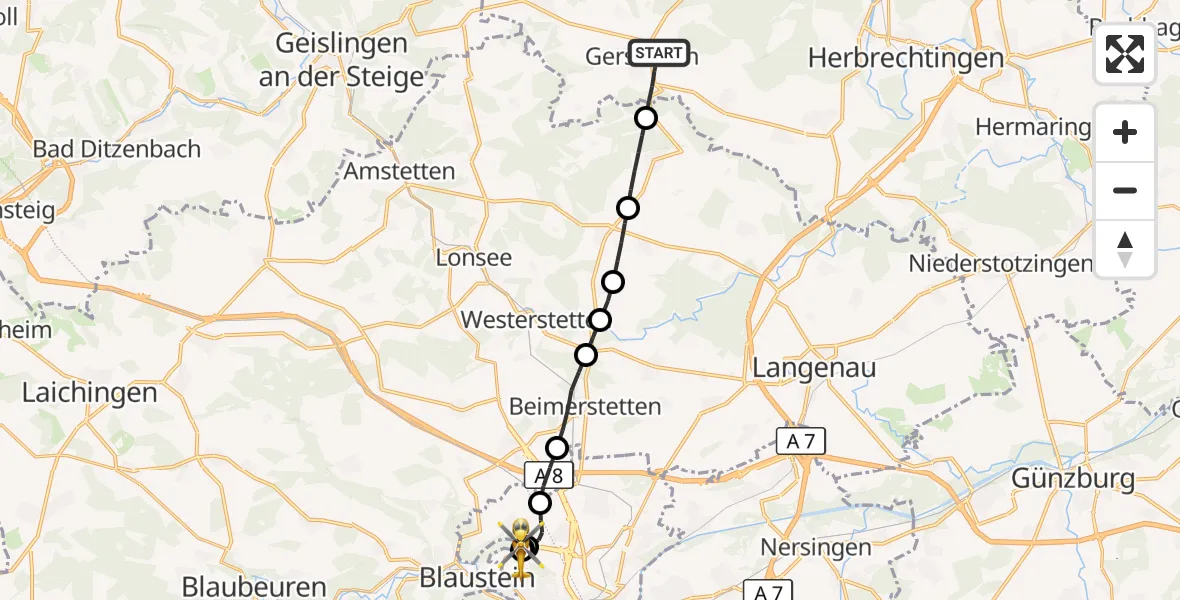 Flugroute Rettungshubschrauber Gerstetten - ADAC Air Rescue Station Ulm (Christoph 22), 07 Oktober 2026, 09:44