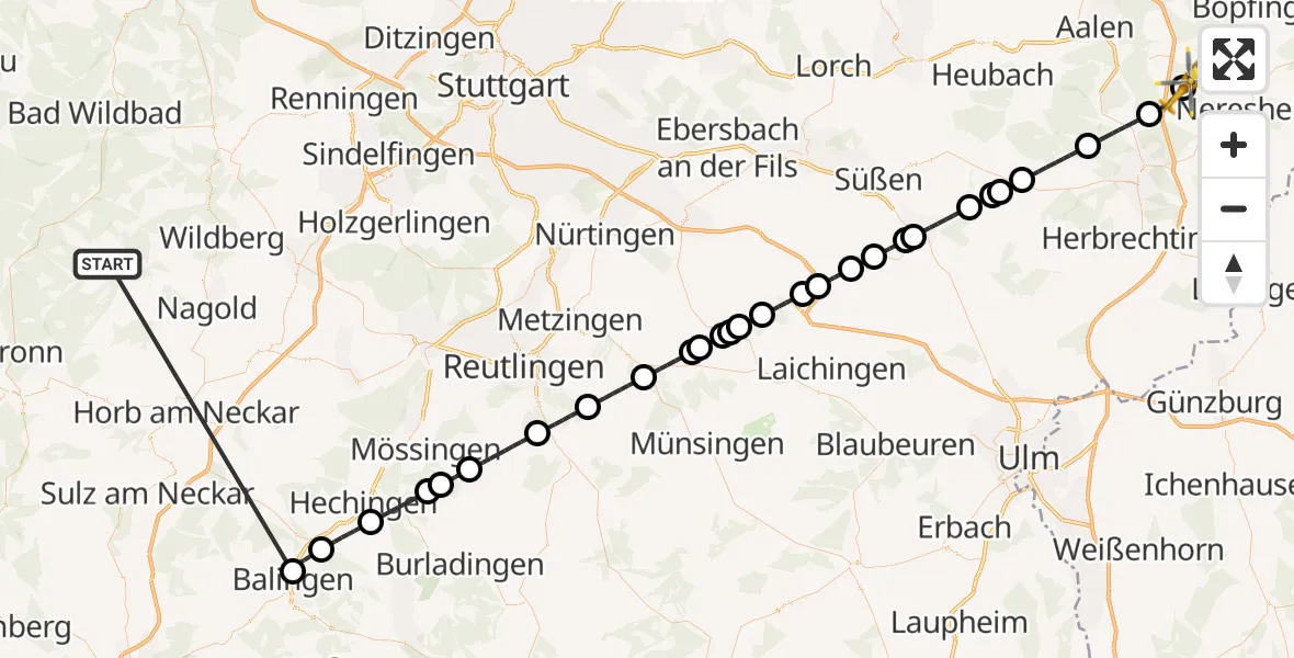 Flugroute Ambulanzhubschrauber Altensteig - Neresheim, 07 Oktober 2026, 09:45