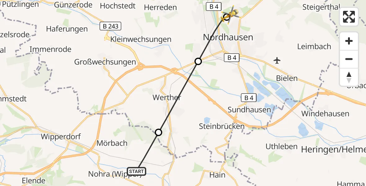 Flugroute Rettungshubschrauber Bleicherode - Südharz Hospital Nordhausen, 07 Oktober 2026, 09:53