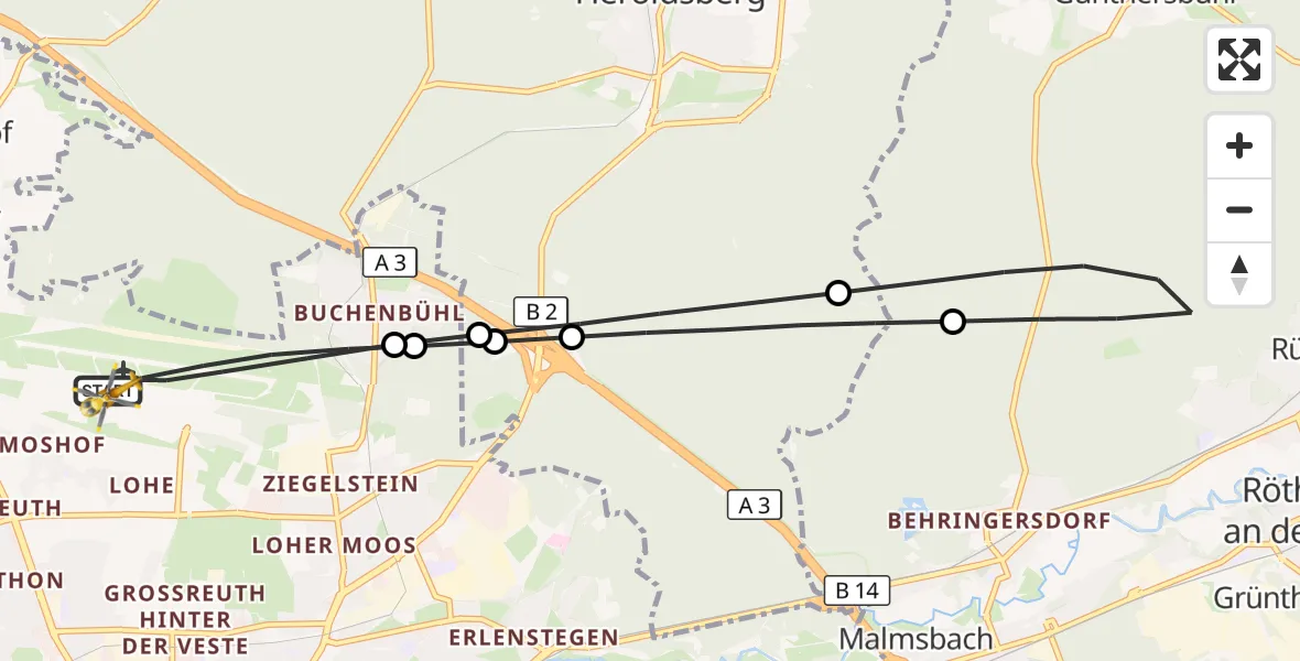 Flugroute Ambulanzhubschrauber Flughafen Nuremberg - Flughafen Nuremberg, 07 Oktober 2026, 09:54