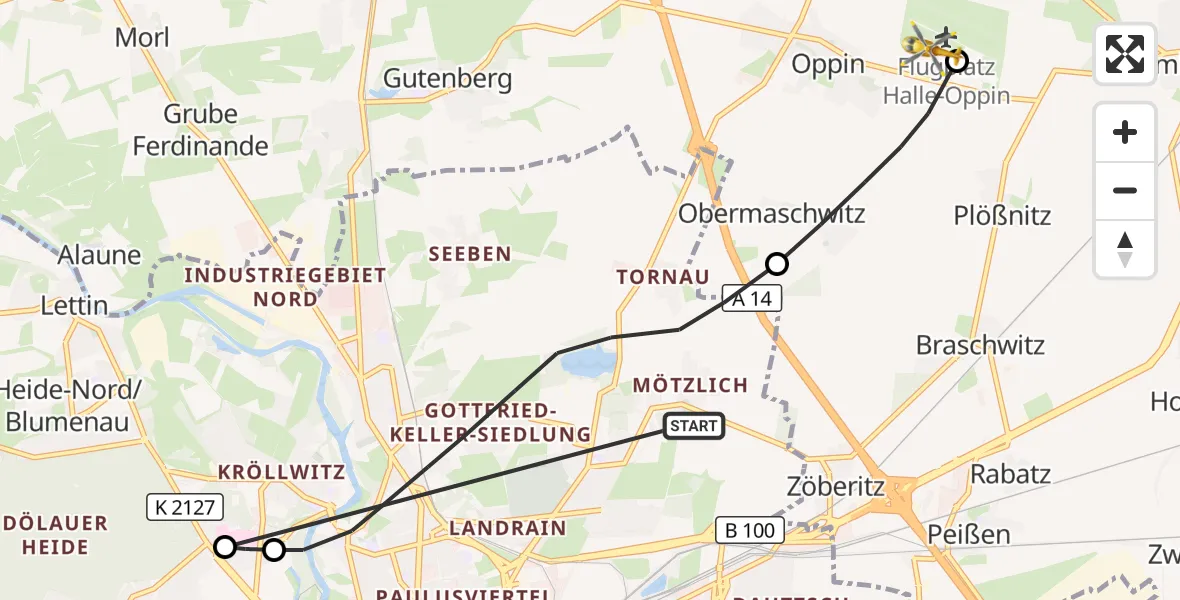 Flugroute Rettungshubschrauber Halle (Saale) - Halle-Oppin Flugplatz, 07 Oktober 2026, 10:00