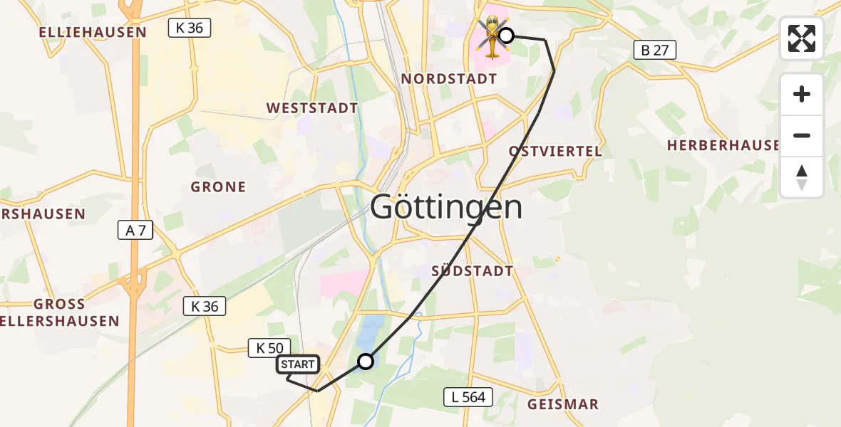 Flugroute Rettungshubschrauber Rosdorf - Göttingen University Clinic Hubschrauberlandeplatz, 07 Oktober 2026, 10:01