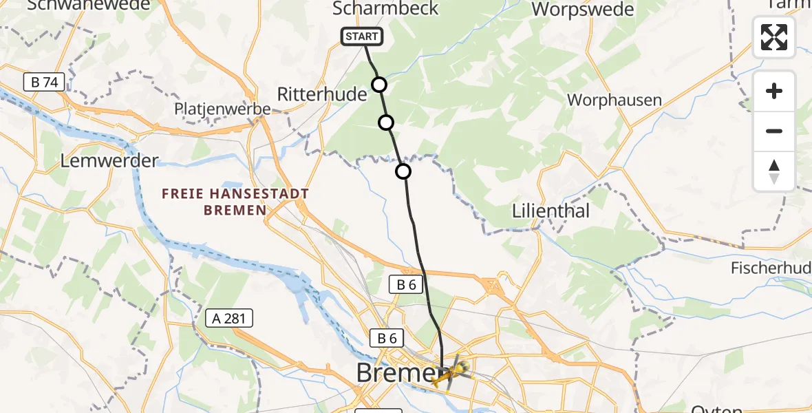 Flugroute Rettungshubschrauber Osterholz-Scharmbeck - Bremen, 07 Oktober 2026, 10:16