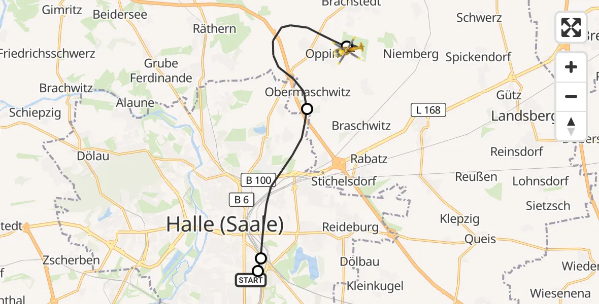 Flugroute Ambulanzhubschrauber BG Hospital Bergmannstrost Halle - Halle-Oppin Flugplatz, 07 Oktober 2026, 10:20