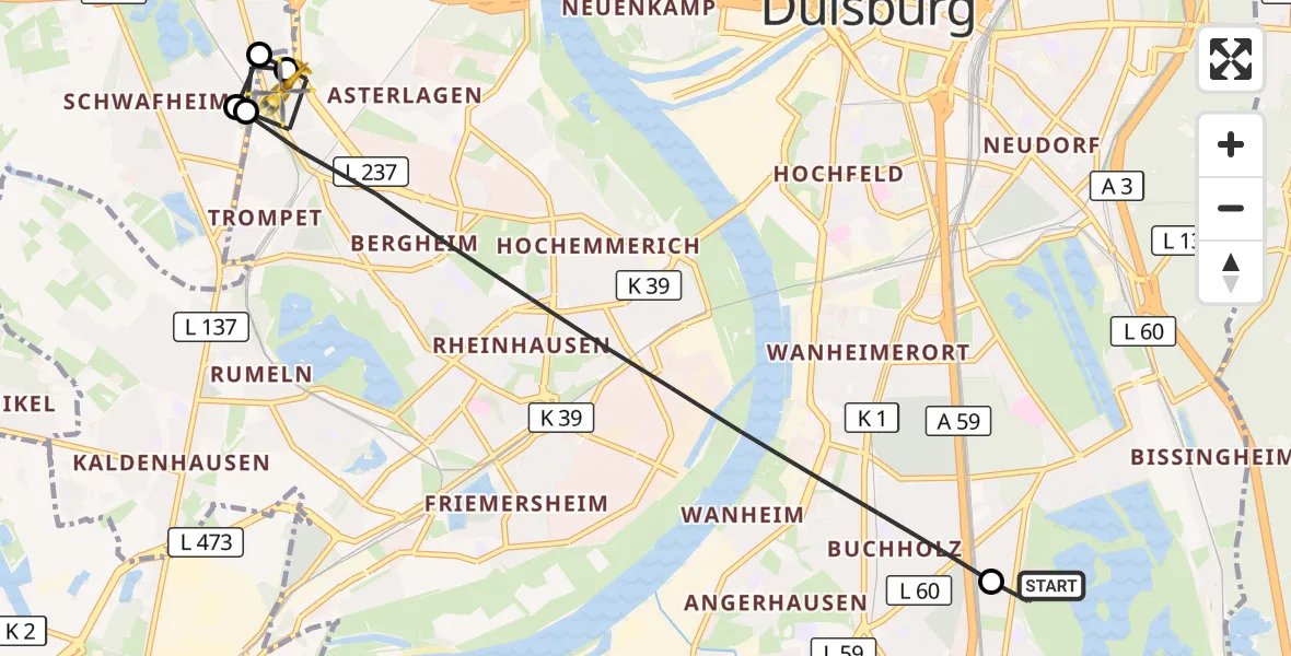 Flugroute Rettungshubschrauber Duisburg Air Rescue Hubschrauberlandeplatz (Christoph 9) - Duisburg, 07 Oktober 2026, 10:22