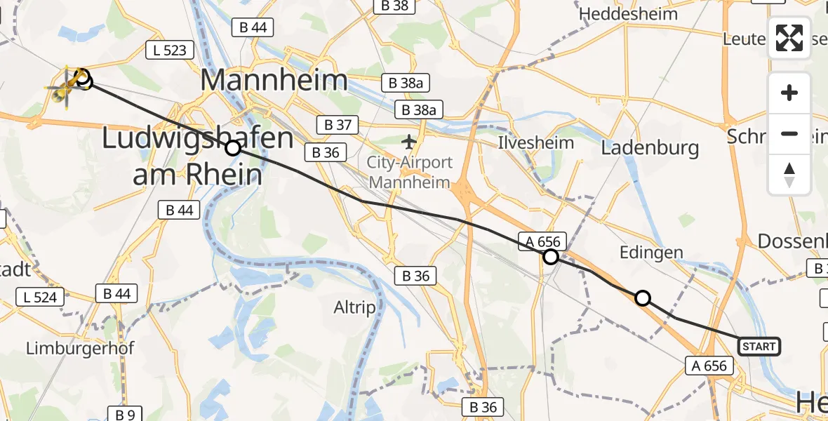 Flugroute Rettungshubschrauber Heidelberg - Ludwigshafen Accident Hospital, 07 Oktober 2026, 10:27