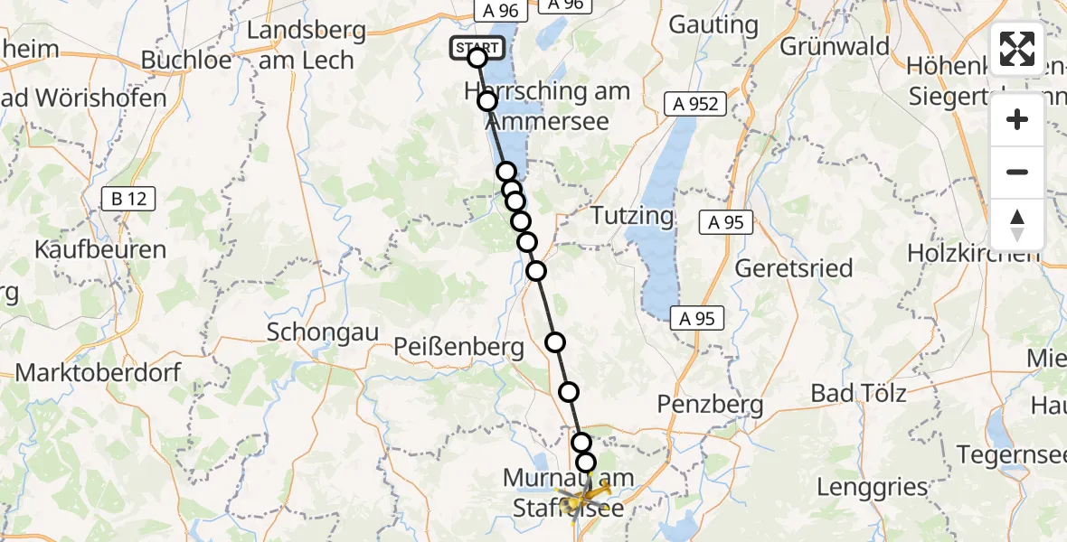 Flugroute Rettungshubschrauber Schondorf am Ammersee - Murnau a.Staffelsee, 07 Oktober 2026, 10:29