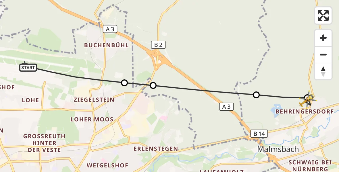 Flugroute Ambulanzhubschrauber Flughafen Nuremberg - Schwaig b.Nürnberg, 07 Oktober 2026, 10:29