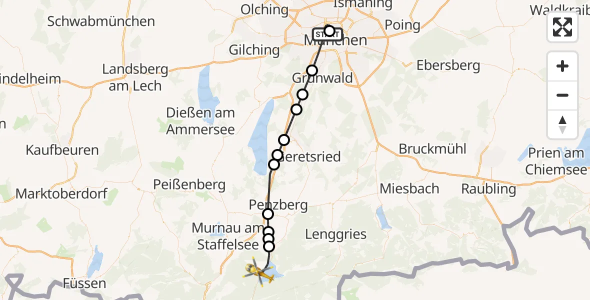 Flugroute Rettungshubschrauber Deutsches Herzzentrum München - Kochel a.See, 07 Oktober 2026, 10:31